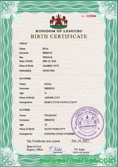 Lesotho vital record birth certificate PSD template